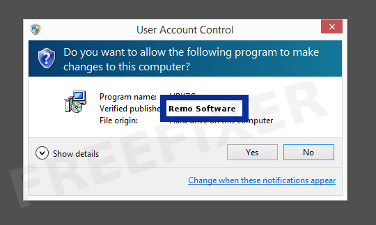 Screenshot where Remo Software appears as the verified publisher in the UAC dialog